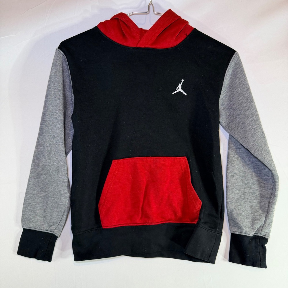 Jordan Boys Jumpman Pullover Hoodie Black Red Grey Fleece Sweatshirt Size S 8-10